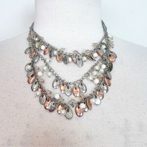 WHITE HOUSE BLACK MARKET SILVER 3 STRAND NECKLACE FAUX PEARLS DANGLE METAL DISCS